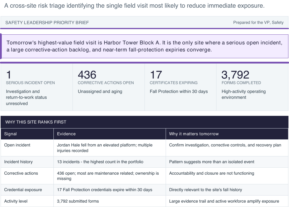 Site Visit Priority Brief excerpt identifying the highest-value field visit and the records behind that priority