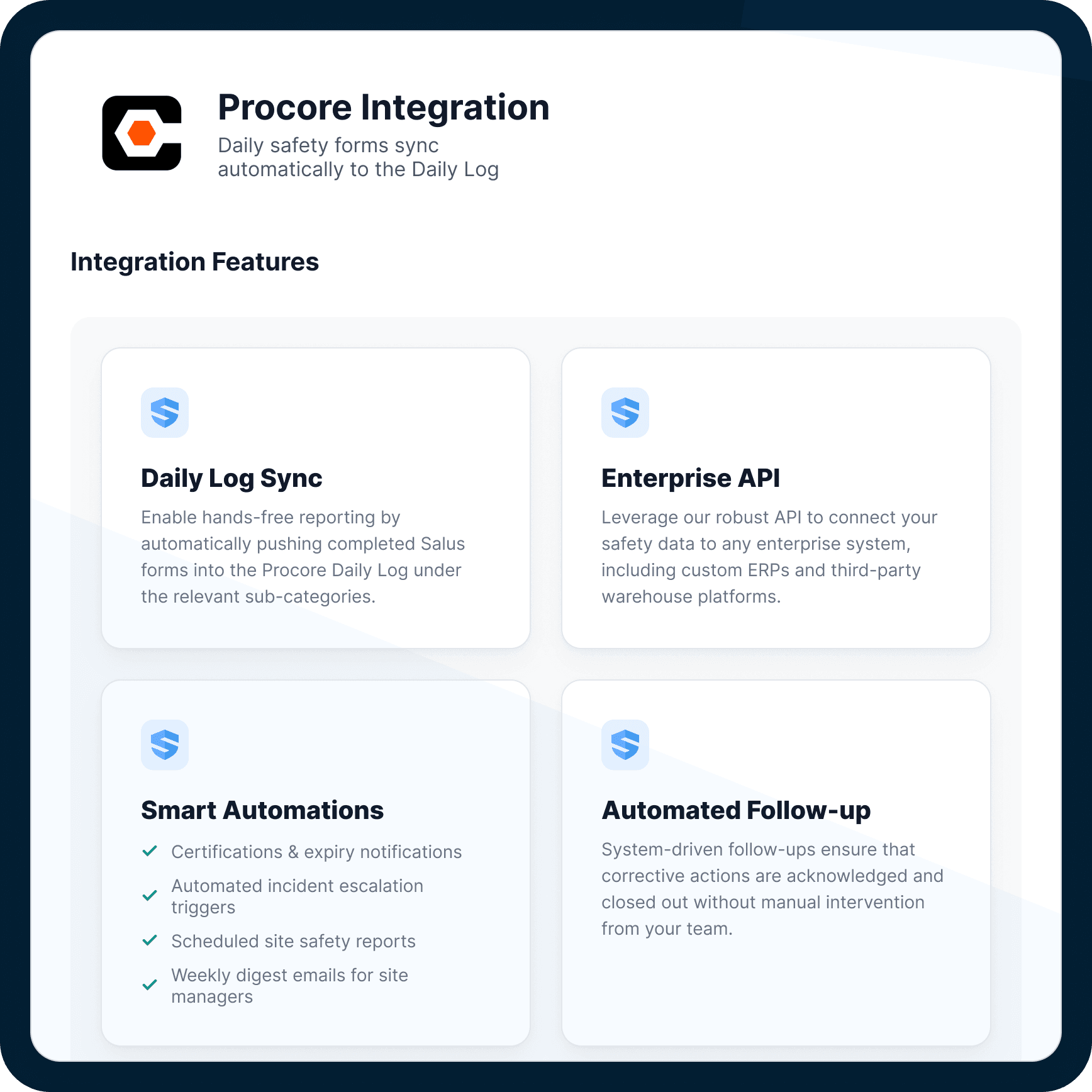 Procore integration and smart automations — Daily Log sync, enterprise API, notifications, escalation triggers, scheduled reports, automated follow-up