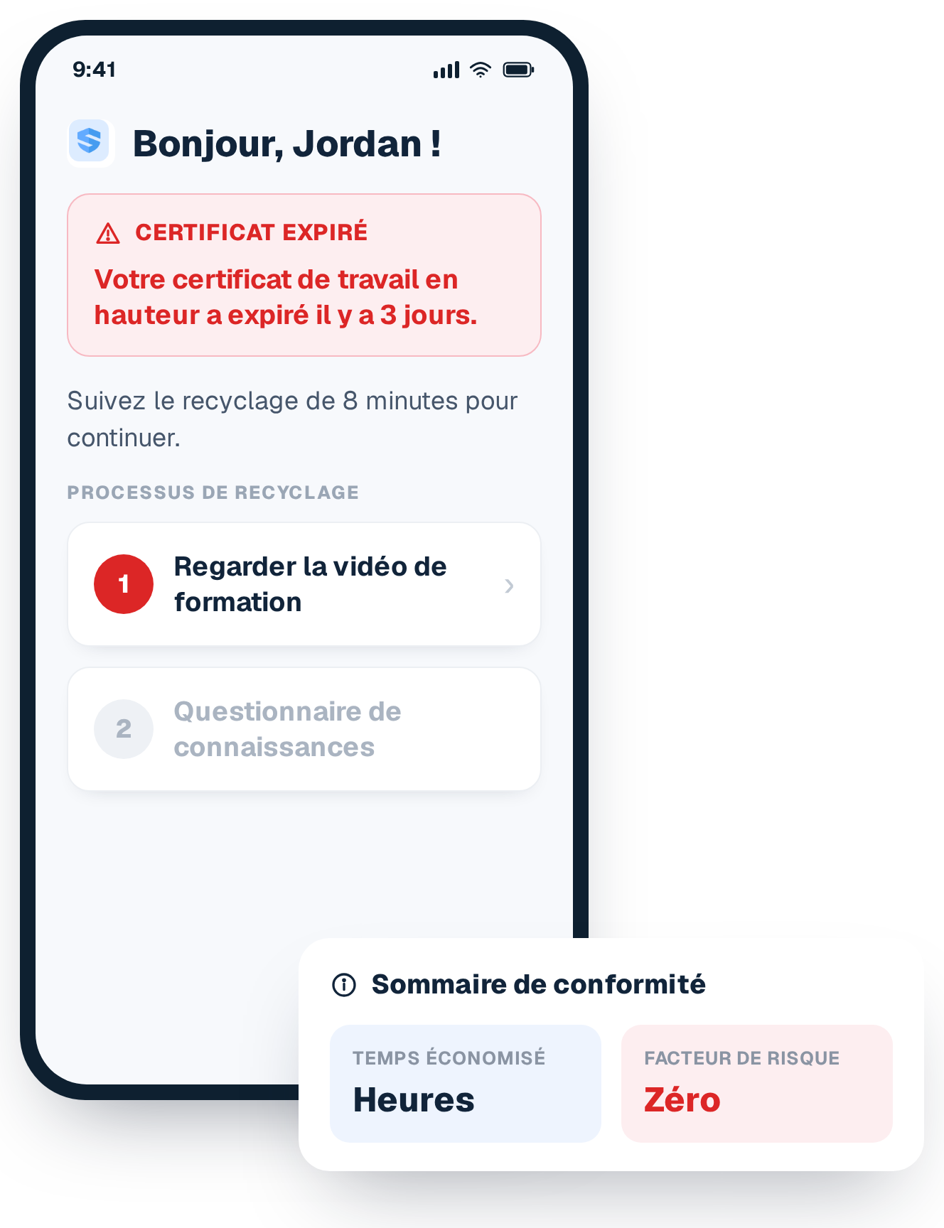 L'expiration d'une certification détectée sur le téléphone du travailleur — complétez le recyclage de 8 minutes pour continuer, des heures économisées, facteur de risque nul