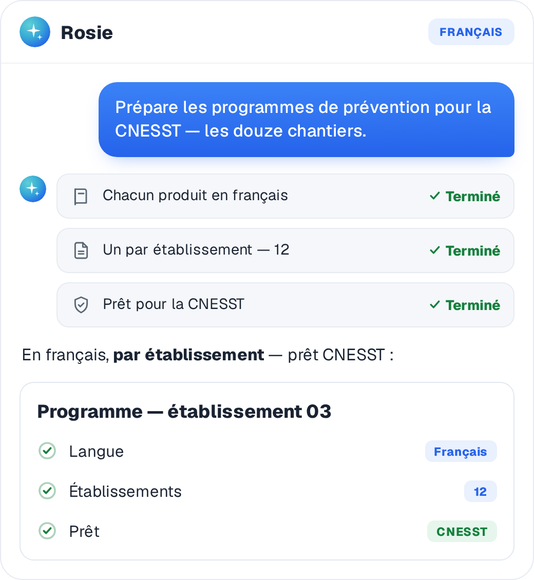 Chaque programme de prévention produit en français, par établissement, prêt pour la CNESST