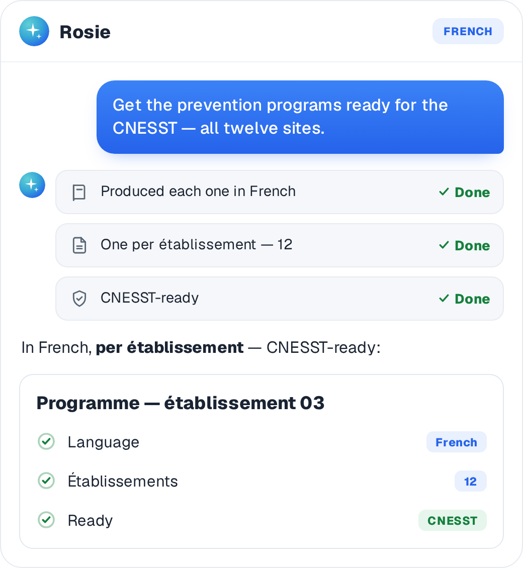 Each prevention program produced in French, per établissement, CNESST-ready
