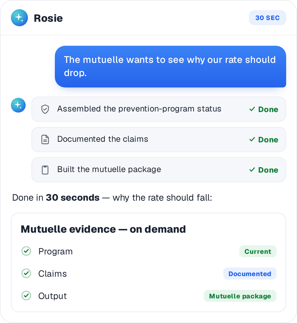 Rosie assembles the prevention-program status on demand for the mutuelle
