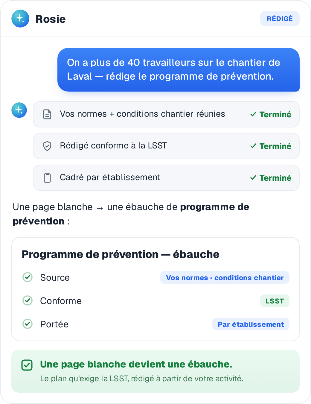 Rosie rédige le programme de prévention conforme à la LSST à partir de vos normes