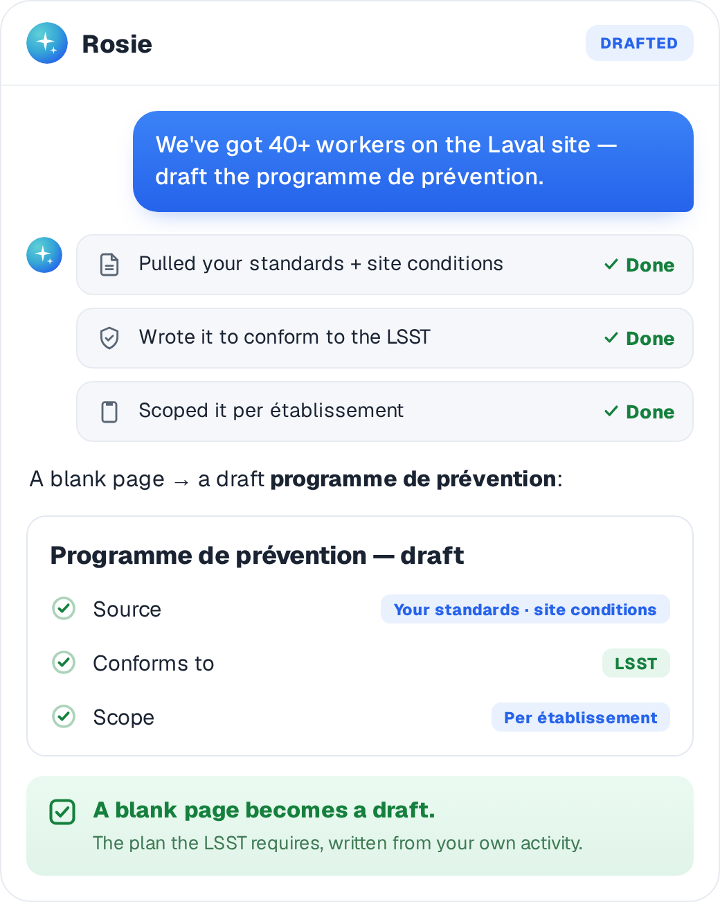 Rosie drafts the programme de prévention conforming to the LSST from your standards