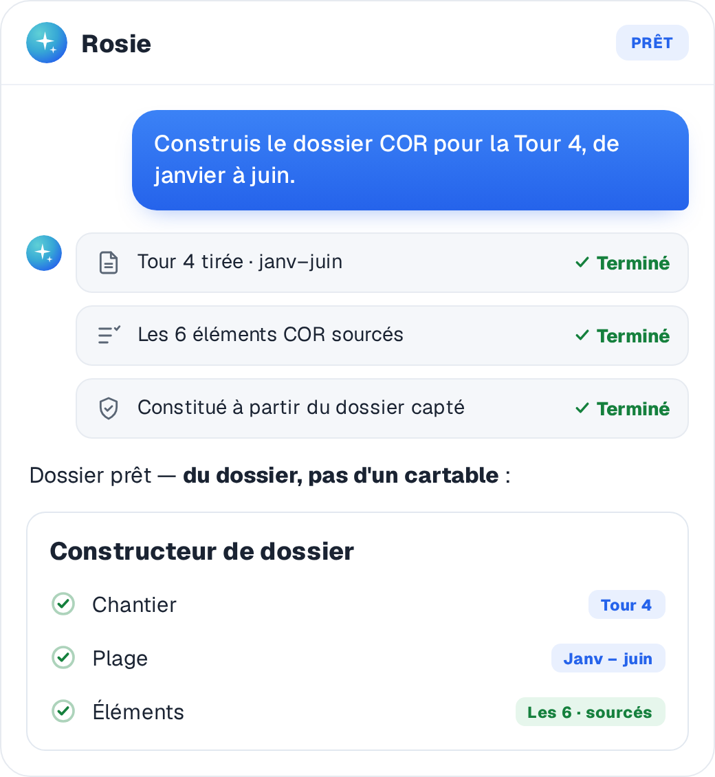Un dossier COR constitué pour n'importe quel chantier et plage de dates à partir du dossier capté