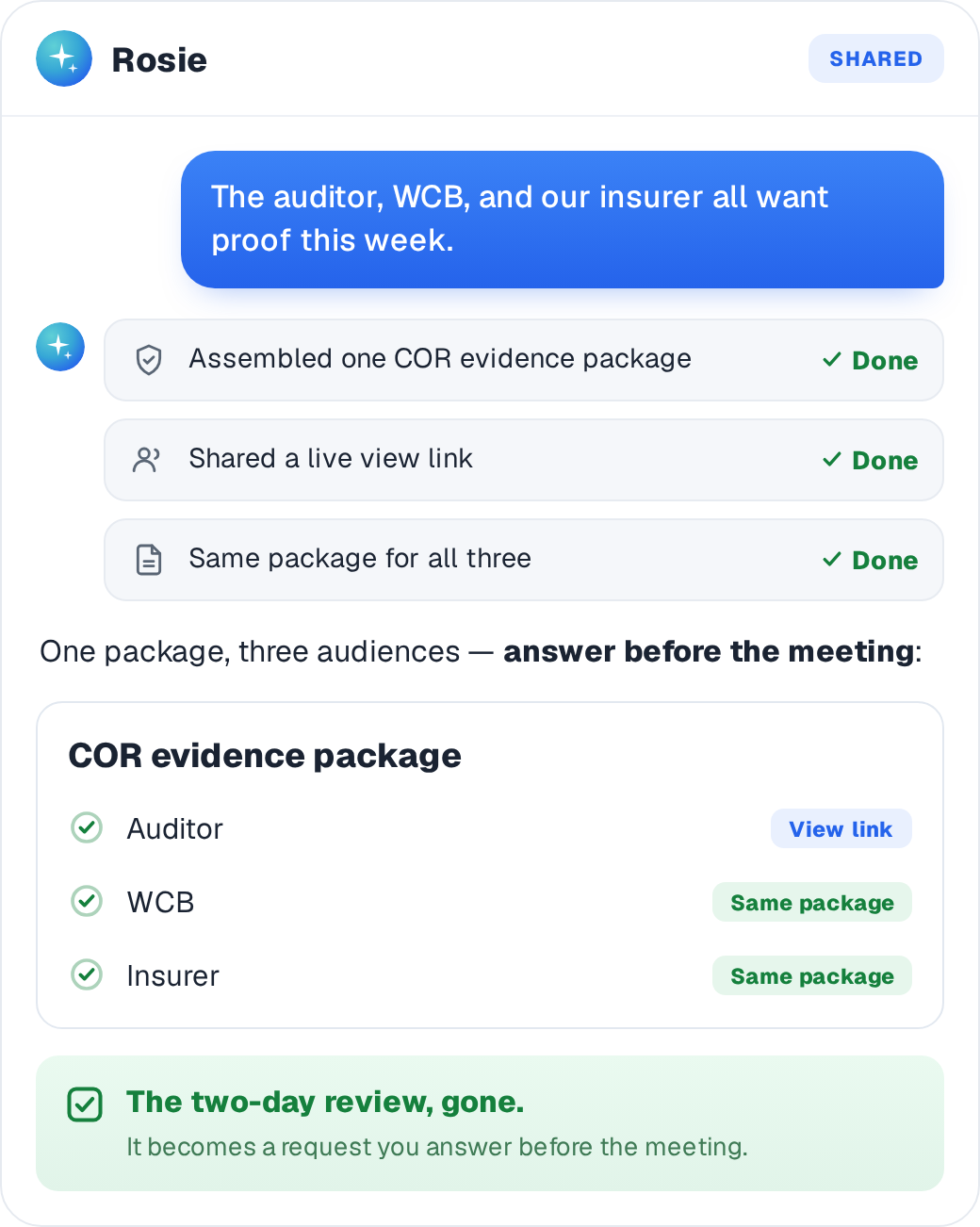 One COR evidence package shared live with the auditor, WCB, and insurer