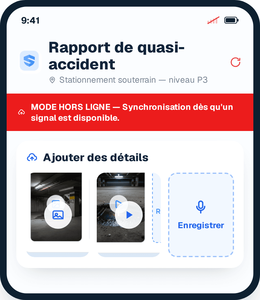Un quasi-accident documenté dans un niveau de stationnement souterrain — photos, vidéo et voix saisies hors ligne, synchronisées au retour du signal