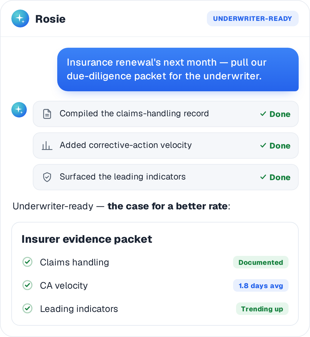 An insurer evidence packet with claims handling, corrective-action velocity, and leading indicators