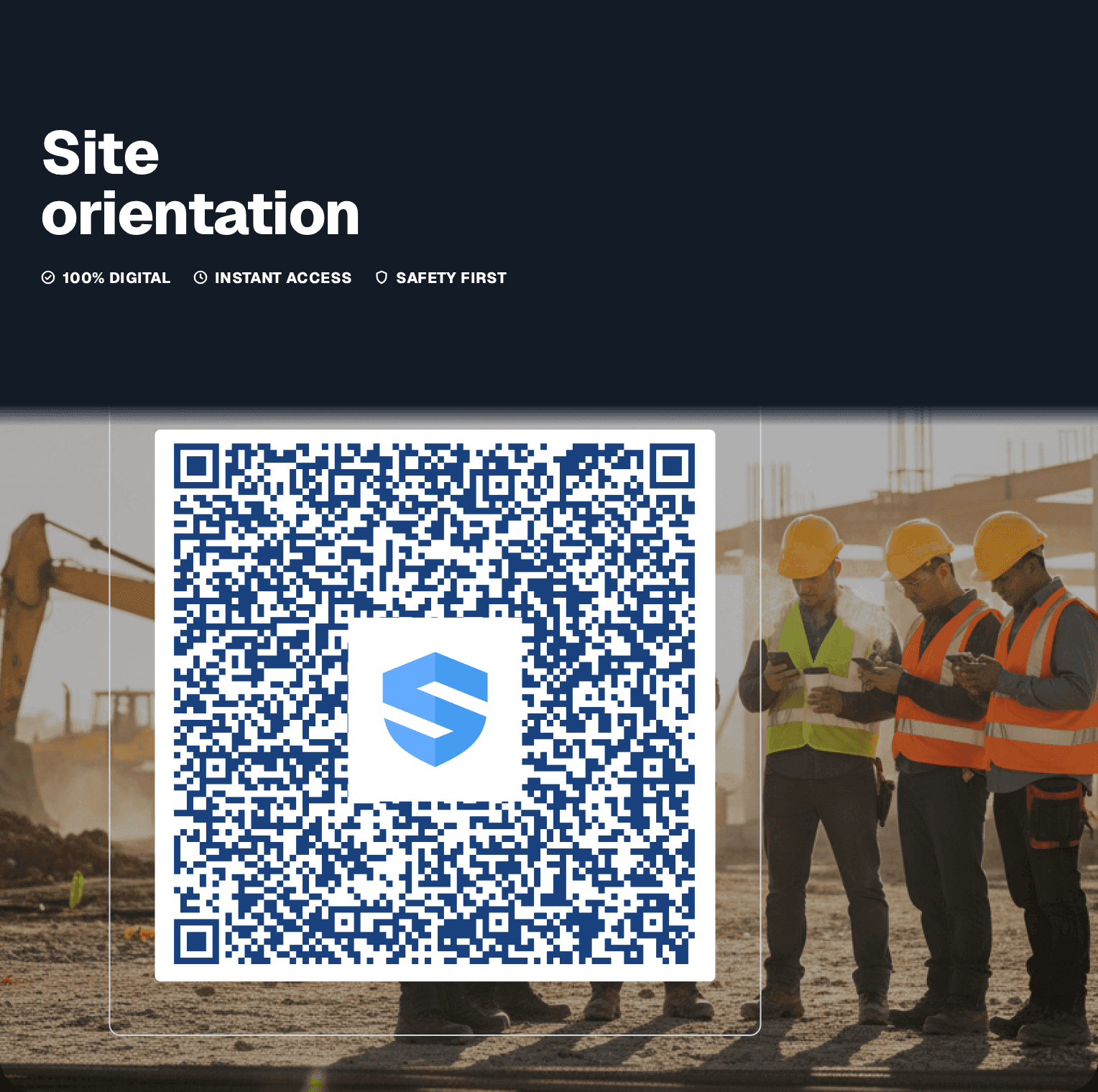 A site orientation QR code at the gate — 100% digital, instant access, workers complete it on their phones