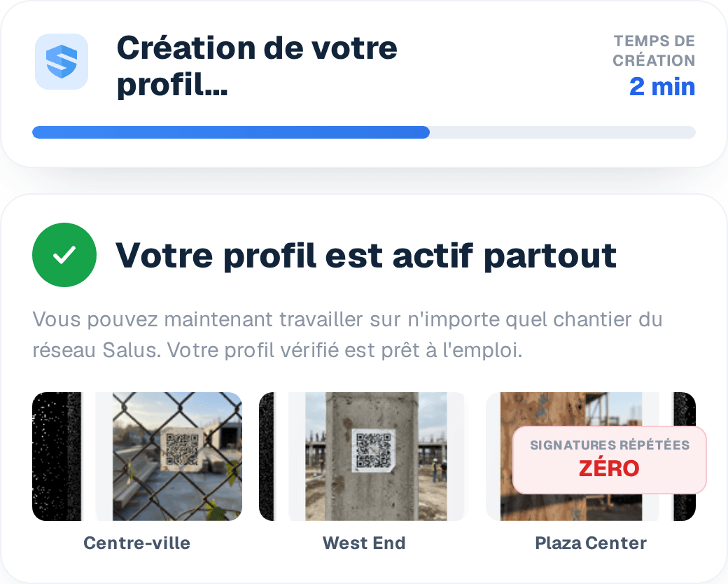 Le profil d'un travailleur est créé une seule fois et demeure actif partout — travaillez sur n'importe quel chantier du réseau SALUS, sans réinscription répétée