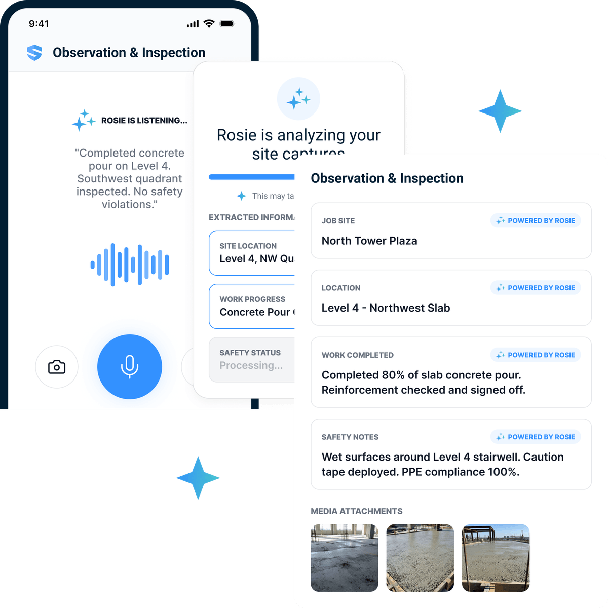 A voice observation becoming a structured inspection record with site details and photos
