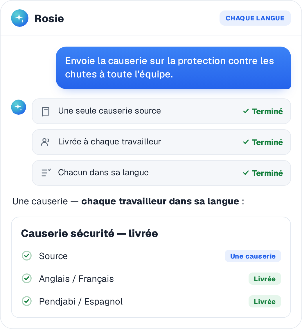 Une pause-sécurité est livrée à chaque travailleur dans sa propre langue à partir d'une seule pause-sécurité source