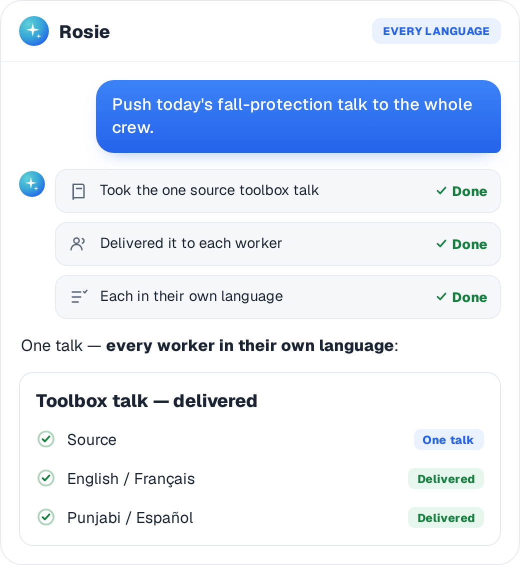 A toolbox talk is delivered to each worker in their own language from one source talk