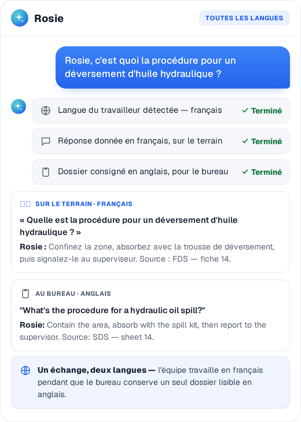 Un travailleur pose une question de sécurité et reçoit la réponse dans sa propre langue, sur le chantier
