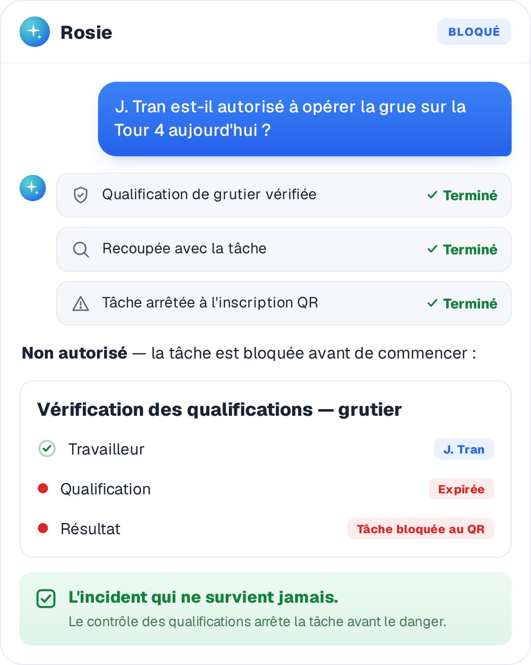 Un contrôle des qualifications bloque un travailleur non certifié à l'inscription QR avant le début de la tâche