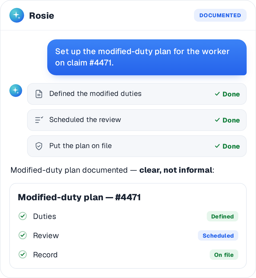A documented modified-duty plan with defined duties and a scheduled review